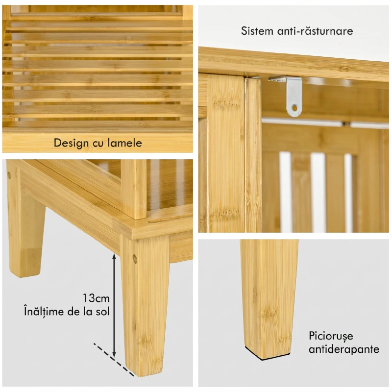 HOMCOM Dulap Deschis din Bambus cu 2 Uși Glisante, Rafturi Deschise și Bară pentru Umerașe, 145x35x165cm