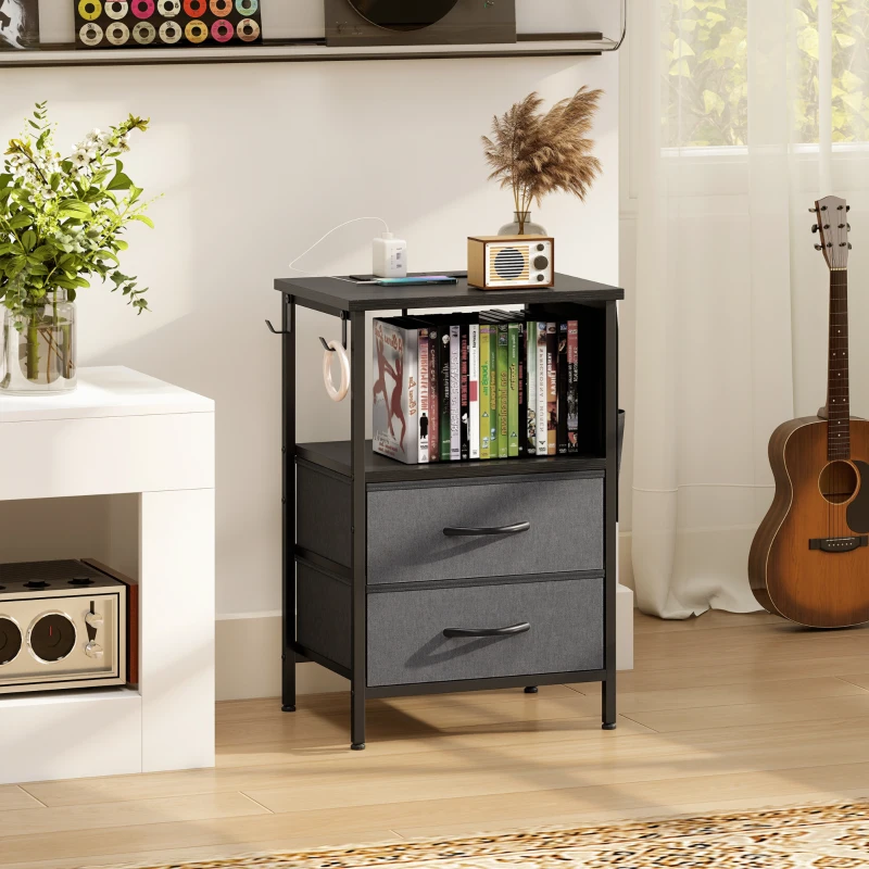 HOMCOM Bedside Table with Charging Station - Black