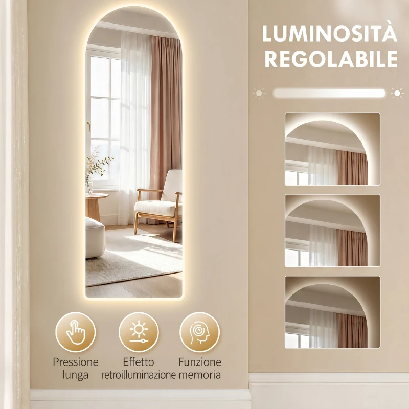HOMCOM Specchio da Parete ad Arco con Illuminazione LED Regolabile e Controllo Touch, in Vetro Temperato, 40x3x120 cm