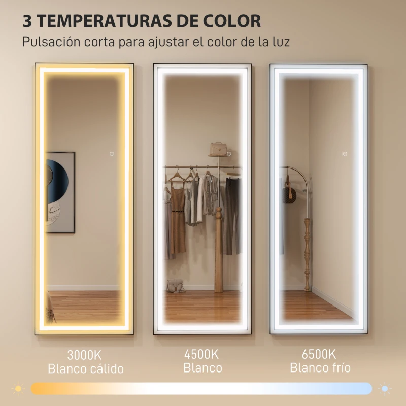 HOMCOM Espejo de Pie Cuerpo Entero con Luces 165x60 cm de Pie o de Pared 3 Temperaturas de Color Ajustables Blanco y Negro
