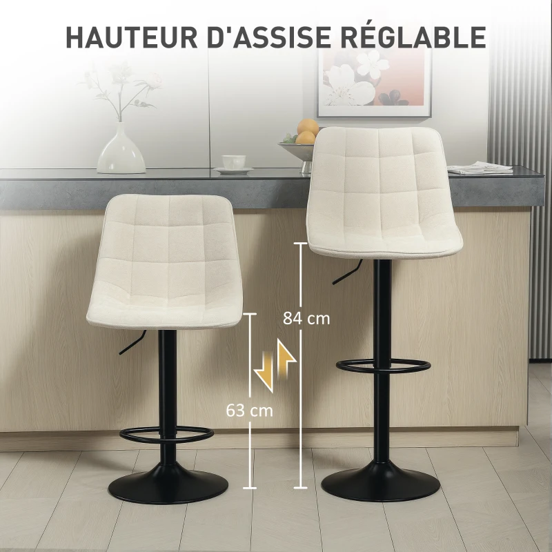 HOMCOM Lot de 2 tabourets de bar, chaises de bar en chenille hauteur réglable avec dossier pivotant 360° 47x48x117,5cm beige