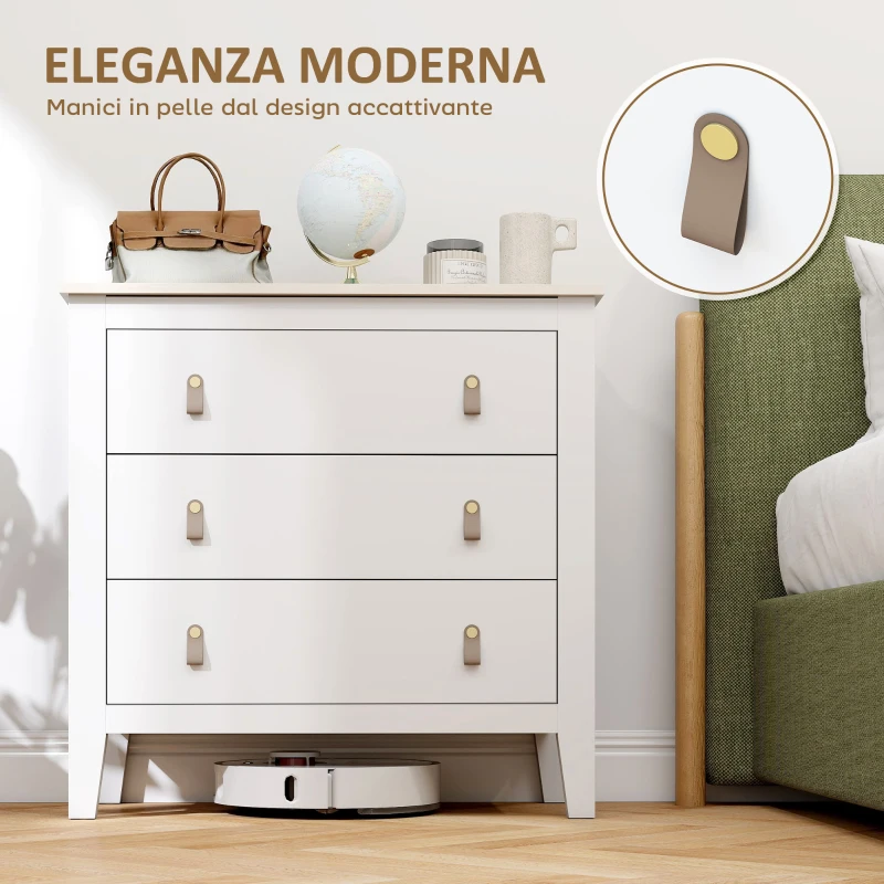 HOMCOM Cassettiera per Camera da Letto a 3 Cassetti con Maniglie in Finta Pelle, 80x40x78.5 cm, Bianco
