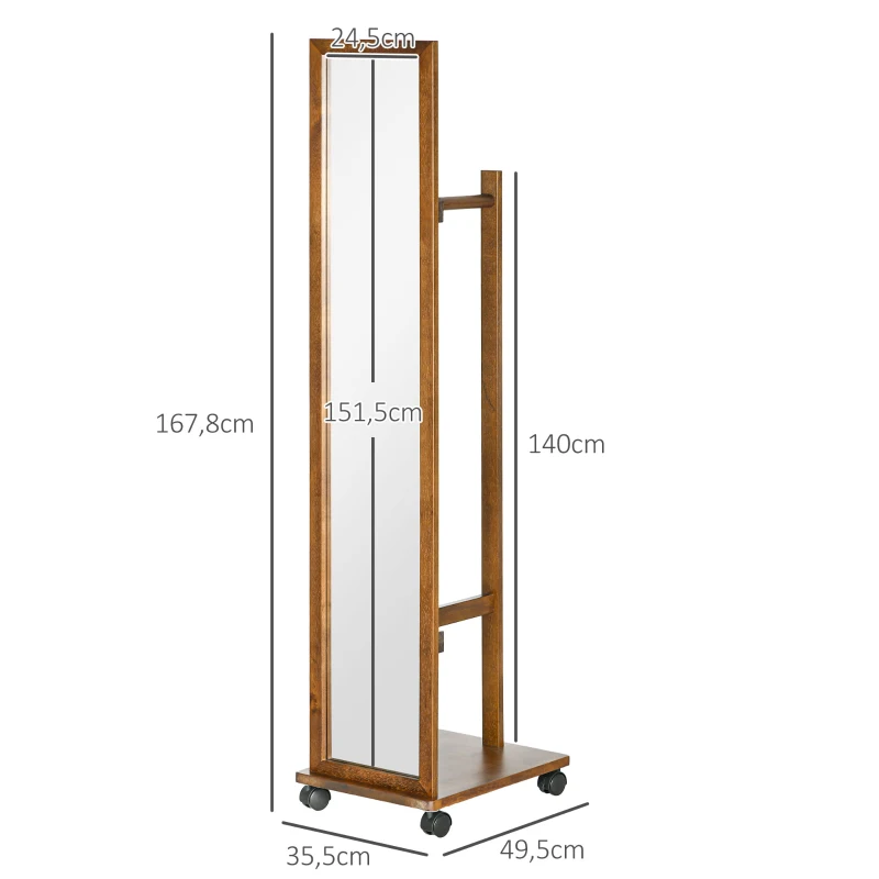 HOMCOM Specchio da Camera e Ingresso con Ripiano Inferiore e Binario, in Legno e Vetro, 35.5x49.5x167.8 cm