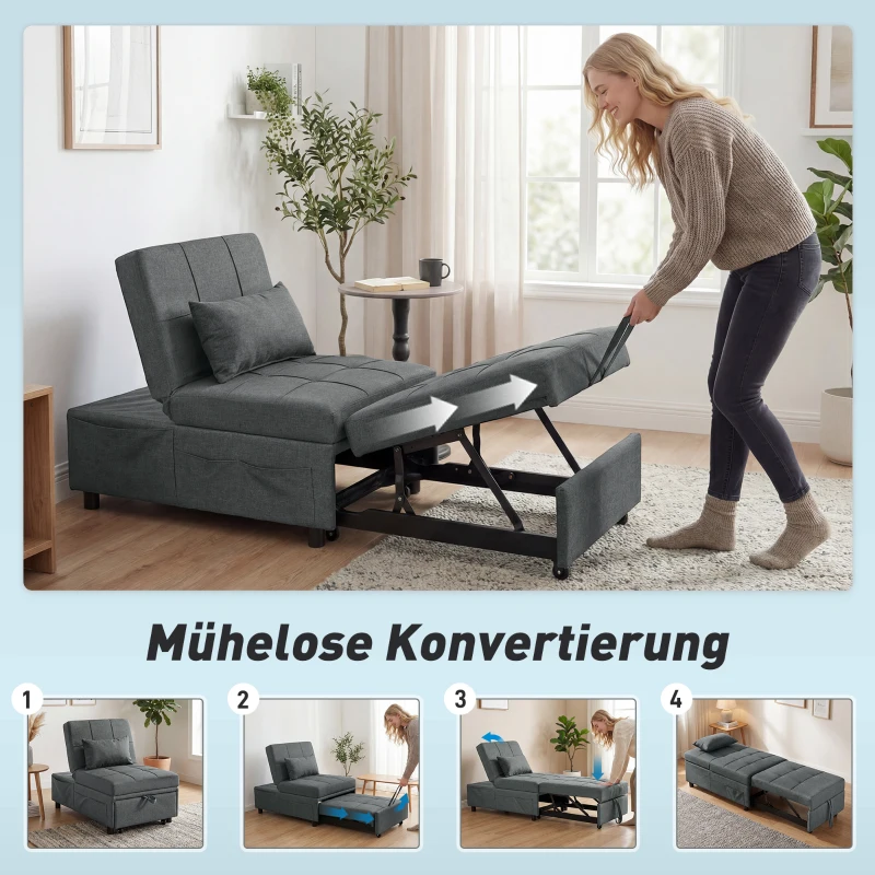 HOMCOM 4-in-1 Klappsessel mit Seitentasche, Gästebett mit Kissen, Verstellbarer Rückenlehne, Bettsessel mit Rollen, Blau