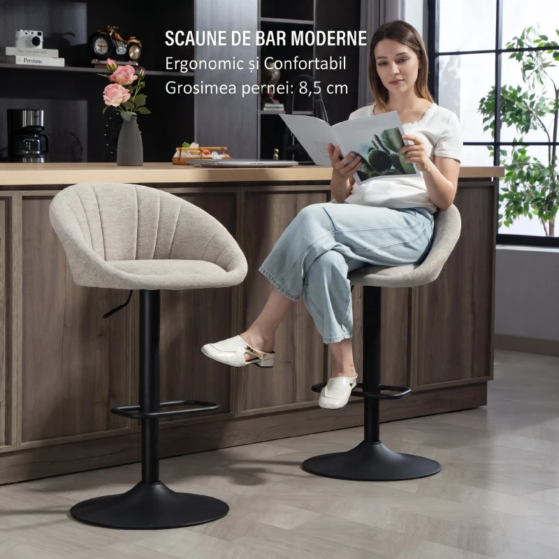 HOMCOM Set 2 Scaune de Bar cu Înălțime Reglabilă, Șezut Rotativ din Material Textil și Suport pentru Picioare, Bej
