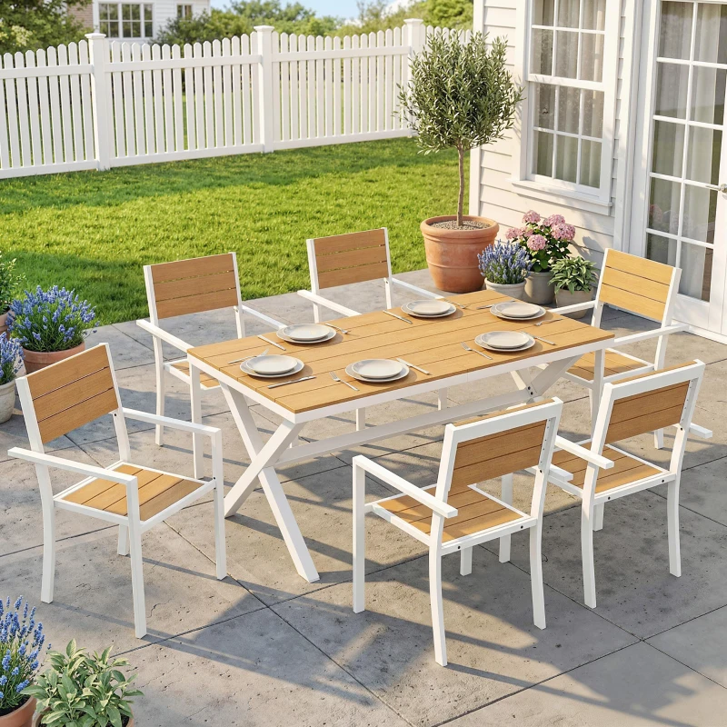 Outsunny Gartenmöbel Set Sitzgruppe 7-teilig Tisch mit 6 stapelbare Stühlen Holzoptik Aluminiumrahmen Teak