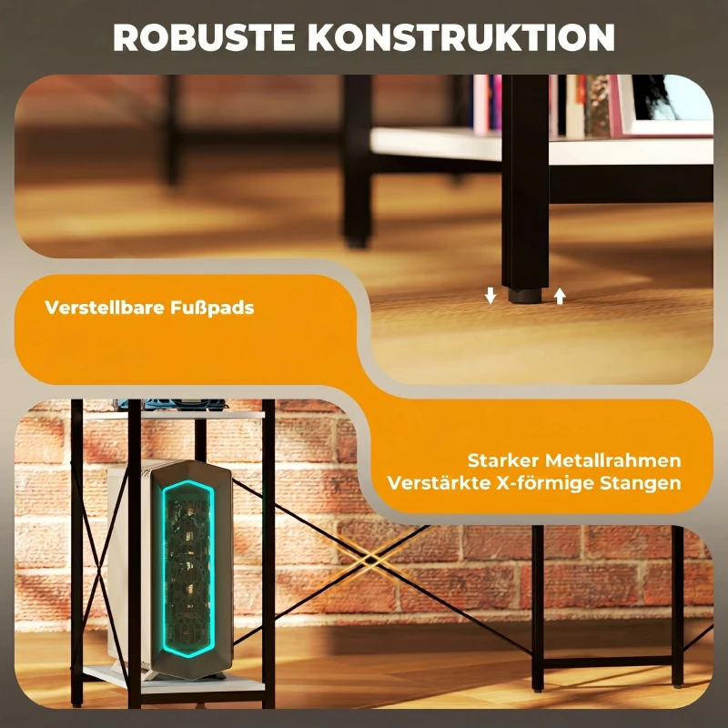 HOMCOM Birou Colțar cu Prize Electrice și USB, Raft și Suport pentru Monitor, Alb și Negru