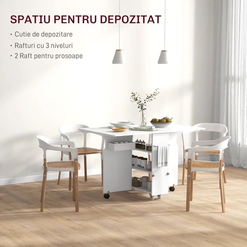 HOMCOM Masă pliabilă cu rafturi pe 3 niveluri, spațiu de depozitare și roți, din MDF, 130x80x76,5 cm, alb