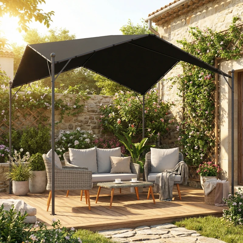 Outsunny Pergola Pavillon 3x3m Wasserabweisend Stabil winterfest Sonnenschutz mit Satteldach Dreiecksverstrebungen