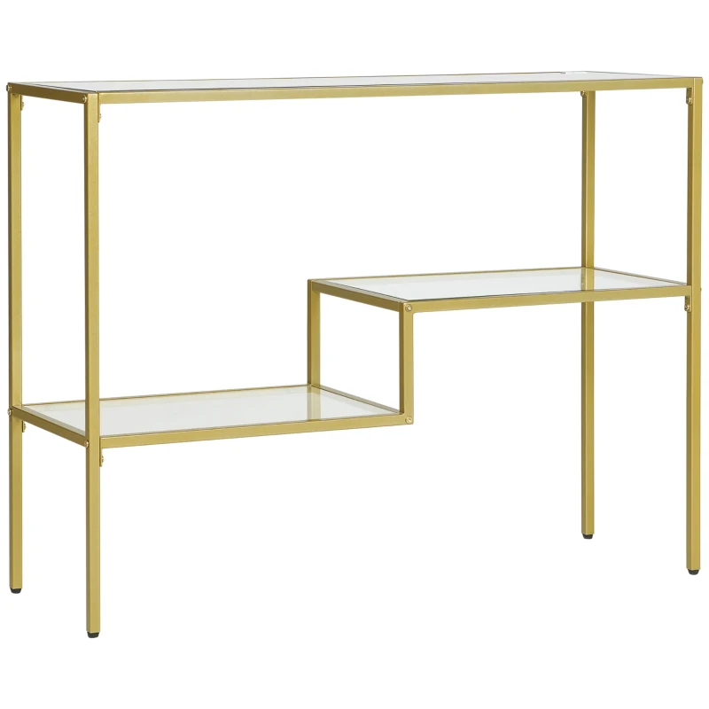 HOMCOM Consolle da Ingresso a 3 Ripiani in Acciaio e Vetro Temperato, 100x32x76 cm, Oro