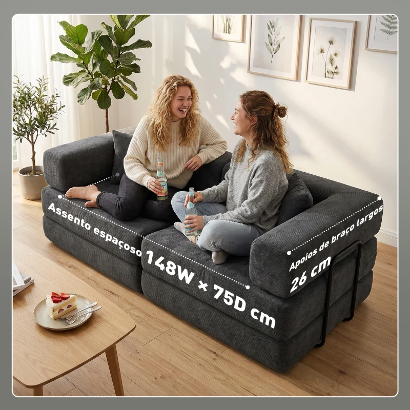 HOMCOM Sofá Cama de 2 Lugares Dobrável Estofado em Chenilla com 2 Almofadas Braços Largos Acolchoamento Grosso  Cinzento Escuro