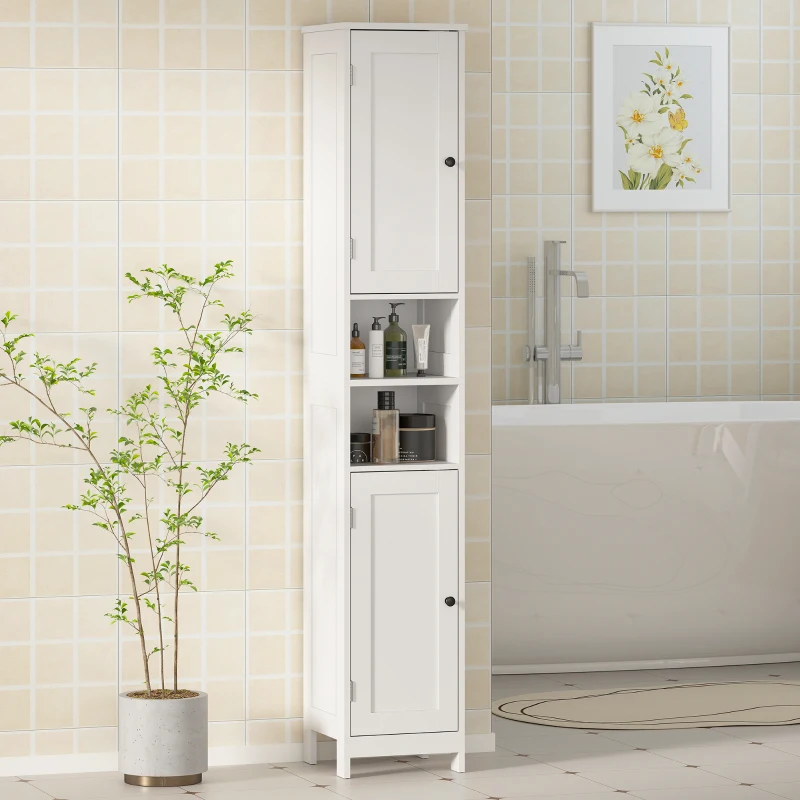 HOMCOM Mobile Alto Bagno con 2 Ripiani Aperti e 2 Armadietti con Scaffali Regolabili, in Legno, 30x30x170 cm, Bianco