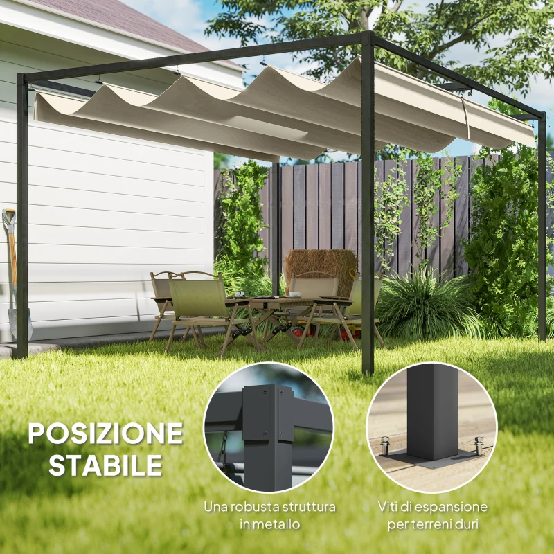 Outsunny Pergola Gazebo da Esterno 3x2 m con Tettuccio Retrattile in Metallo e Poliestere, Crema e Grigio