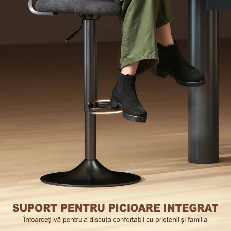 HOMCOM Set 2 Scaune de Bar Reglabile, Scaune de Bucătărie Înalte din Material Textil cu Efect de In cu Spătar, Suport pentru Picioare și Șezut Moale, Cadru Metalic, Scaune Rotative la 360°, Negru