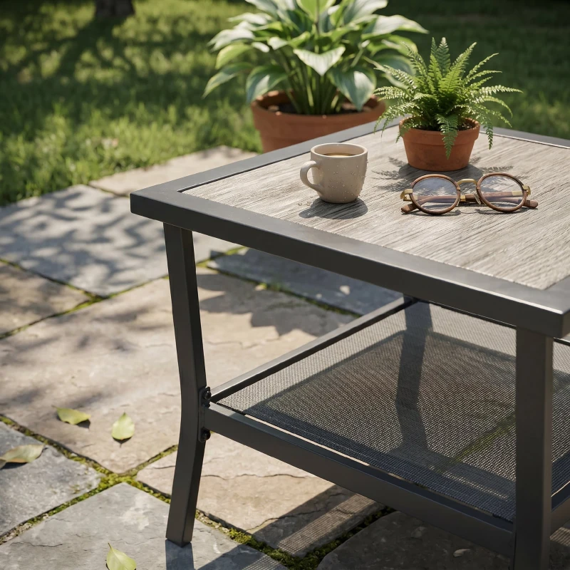 Outsunny Set de Grădină cu 6 Scaune Stivuibile din Material Textil de Plasă și Masă cu Aspect de Lemn, Gri