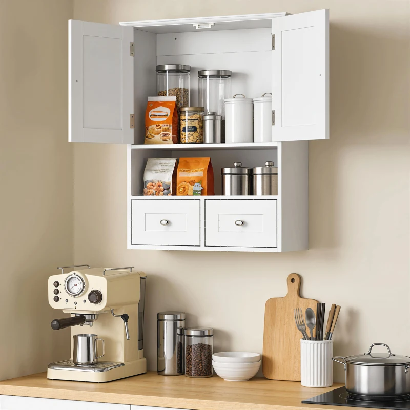 kleankin Armário de Parede para Casa de Banho com 2 Portas Prateleira Aberta e 2 Gavetas Estilo Moderno 50,8x17,8x66 cm Branco