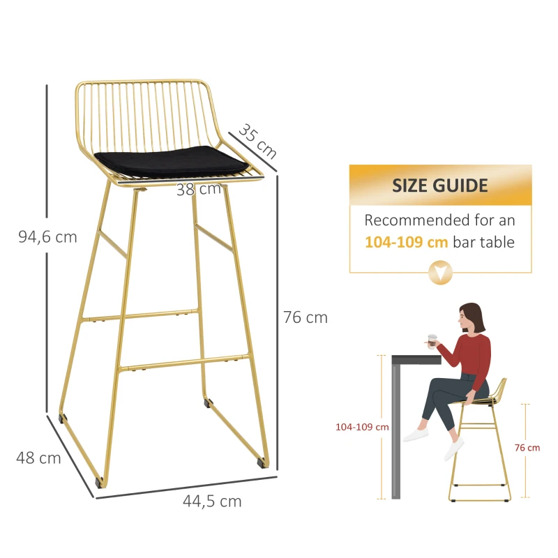 HOMCOM Lot de 4 chaises de bar design acier filaire doré avec coussin noir repose-pieds convient pour tables de 104-109 cm