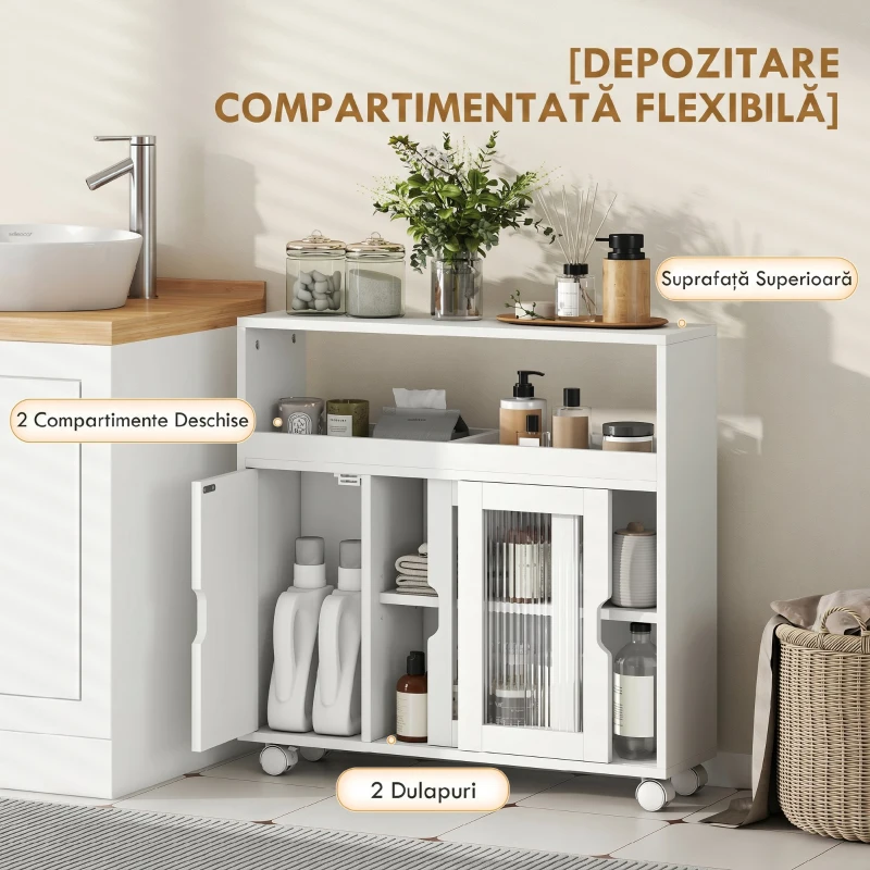HOMCOM Dulap pentru Baie pe Rotile din Lemn cu Spațiu Deschis, Rafturi Reglabile și Uși din Sticlă, 71x20x70 cm, Alb