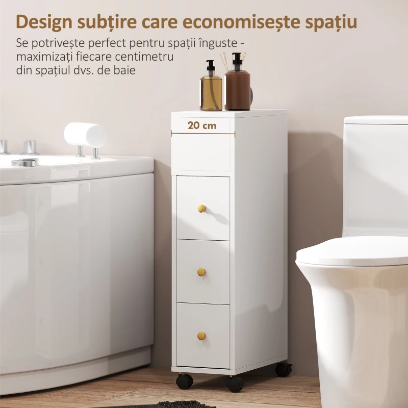 HOMCOM Dulap de Baie Compact cu Roți, 3 Sertare și 5 Compartimente cu Rafturi Reglabile, 20x40x80 cm, Alb