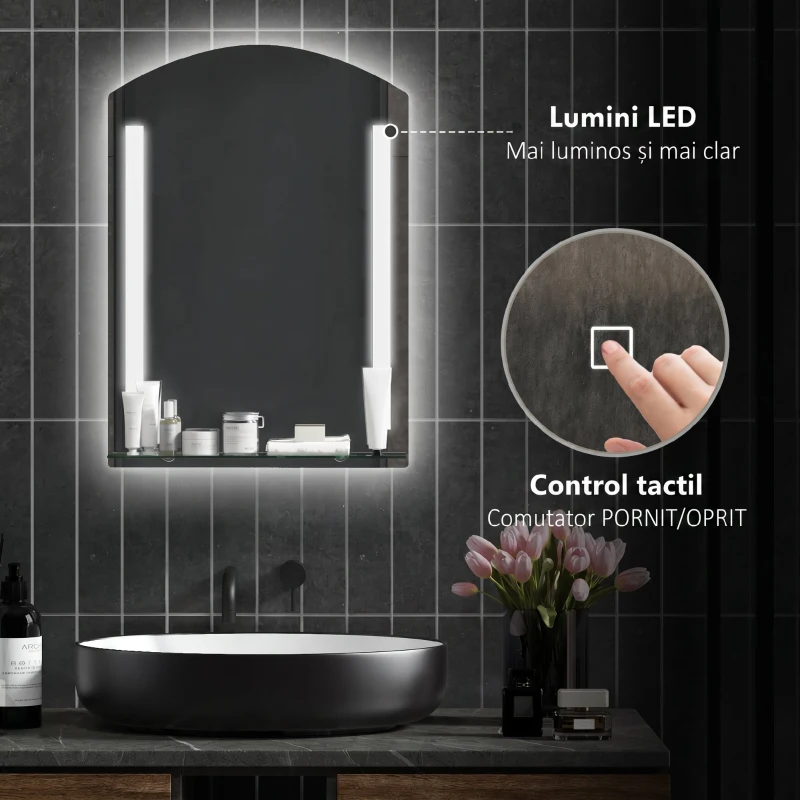 kleankin Oglindă de baie cu lumină LED reglabilă în 3 culori și raft din sticlă, 50x12x70 cm, argintiu