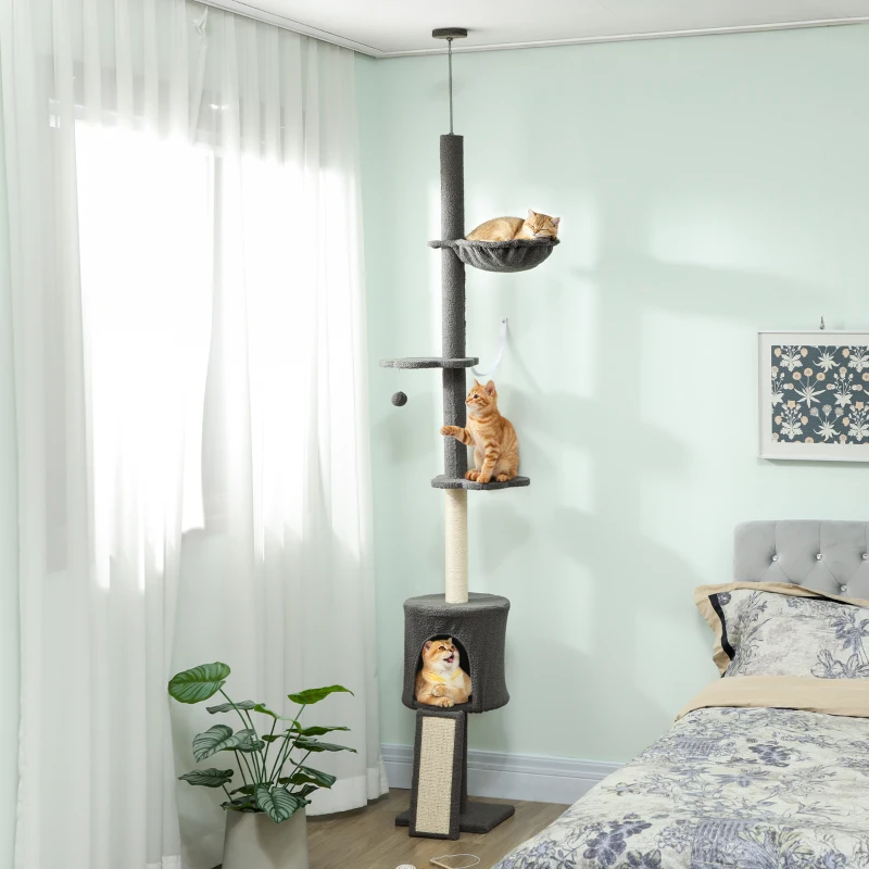 PawHut Árvore para Gatos de Teto Alta 220-240 cm com Rede Casinha Plataformas em Flor e Postes em Sisal Cinza