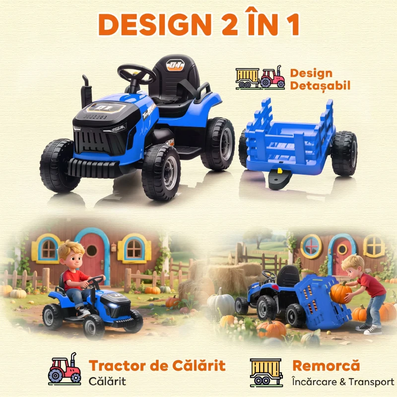 AIYAPLAY 2 în 1 Tractor Electric pentru Copii 3-8 Ani cu Remorcă Detașabilă, Telecomandă, Muzică, Lumini, Albastru