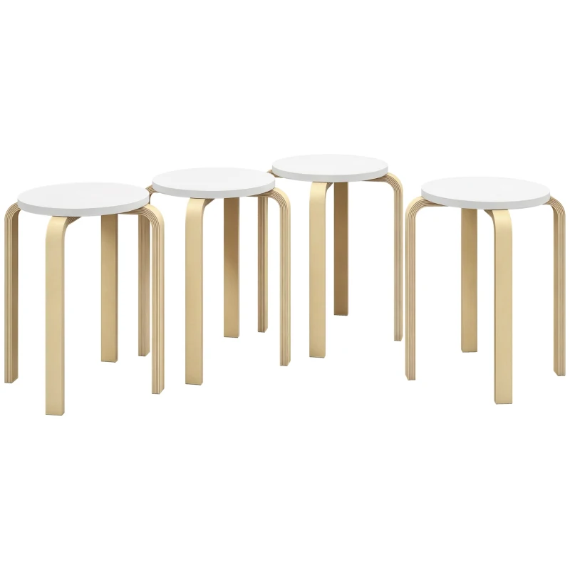 HOMCOM Set 4 Taburete Rotunde Stivuibile din Lemn Alb, Ø40x45 cm