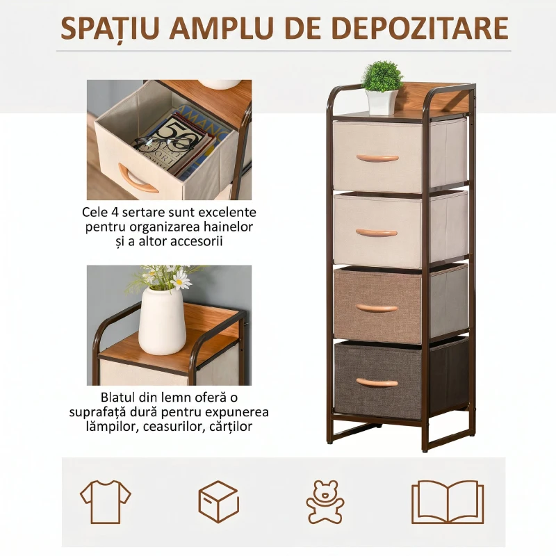 HOMCOM Comodă pentru Dormitor cu 4 Sertare Pliabile, Blat Superior din Lemn și Cadru Metalic, 31x29x99 cm, Multicolor
