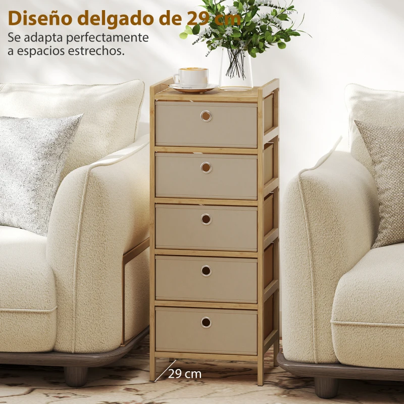 HOMCOM Cómoda con 5 Cajones de Tela Estructura de Bambú Cajonera para Espacios Pequeños Crema y Natural