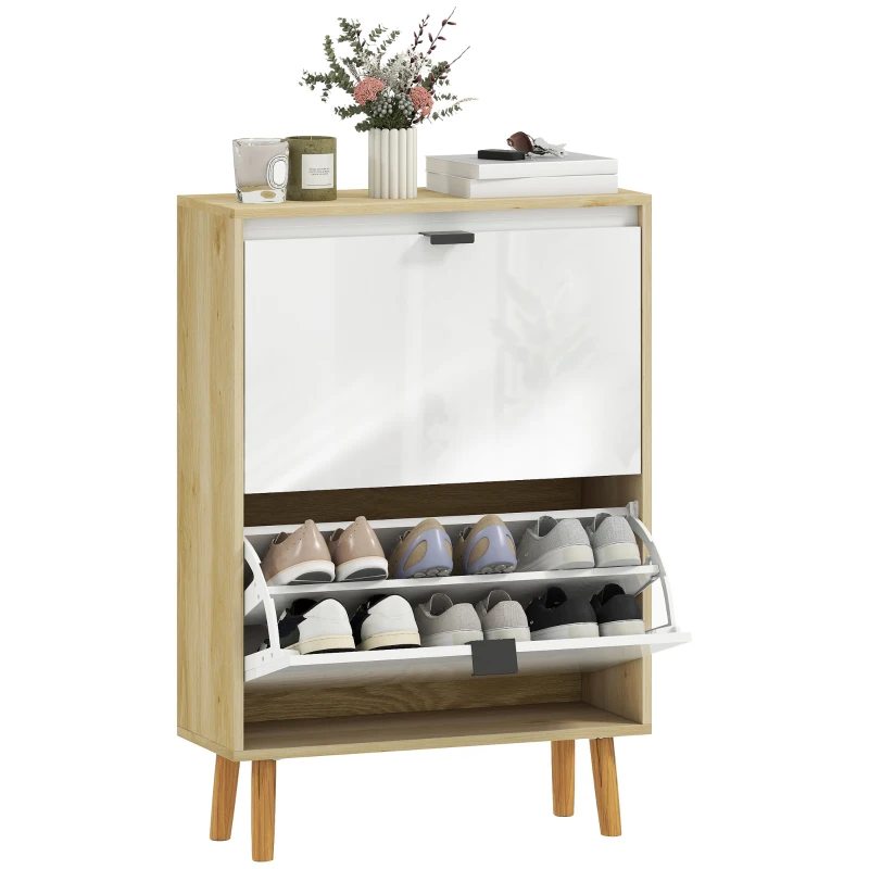HOMCOM Meuble à chaussures, armoire à chaussures étroite, 2 tiroirs rabattables, portes haute brillante, 60x24x91cm, blanc