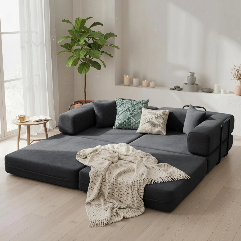 HOMCOM Sofá Cama de 2 Lugares Dobrável Estofado em Chenilla com 2 Almofadas Braços Largos Acolchoamento Grosso  Cinzento Escuro