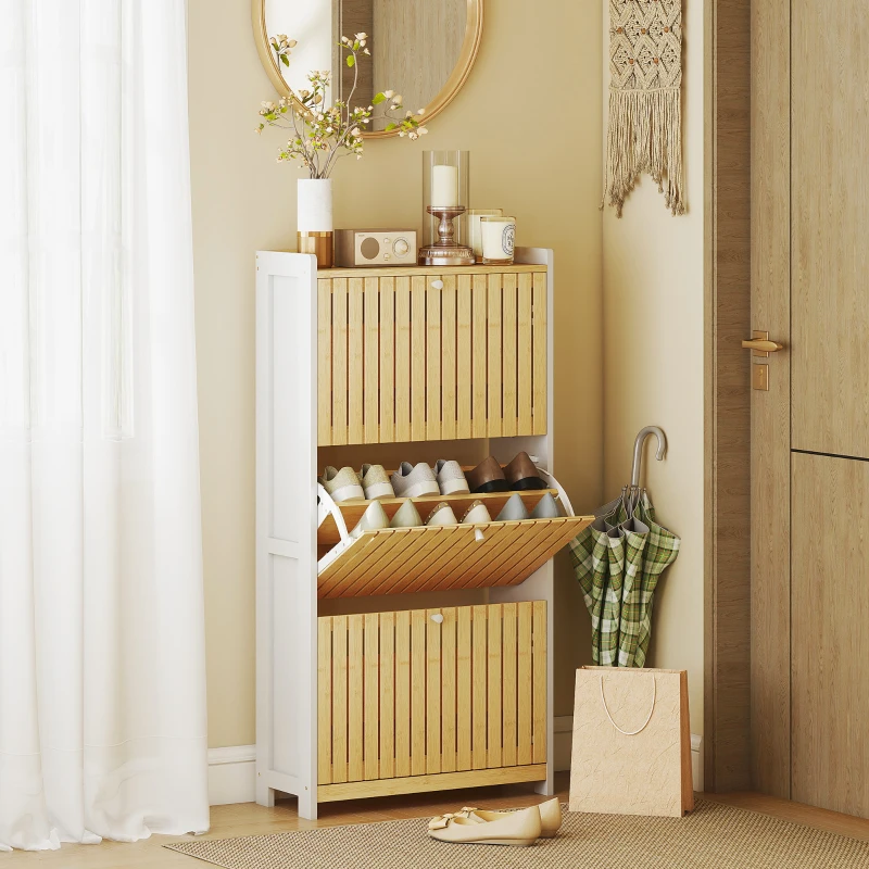 HOMCOM Meuble à chaussures 18 paires avec 3 tiroirs rabattables, portes en bambou à lattes, 60x24x118cm, blanc et bois naturel