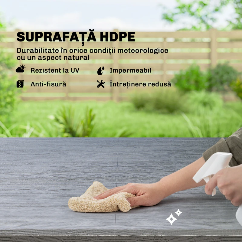 Outsunny Set Masă Reglabilă și 4 Scaune de Grădină Pliabile din HDPE cu Efect de Lemn, Gri Închis