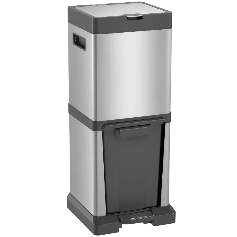 HOMCOM Mülleimer 20+14L Treteimer mit Deckel Fußpedal Kippfach herausnehmbare Inneneimer, Edelstahl 32,5 x 31,5 x 78 cm Silber