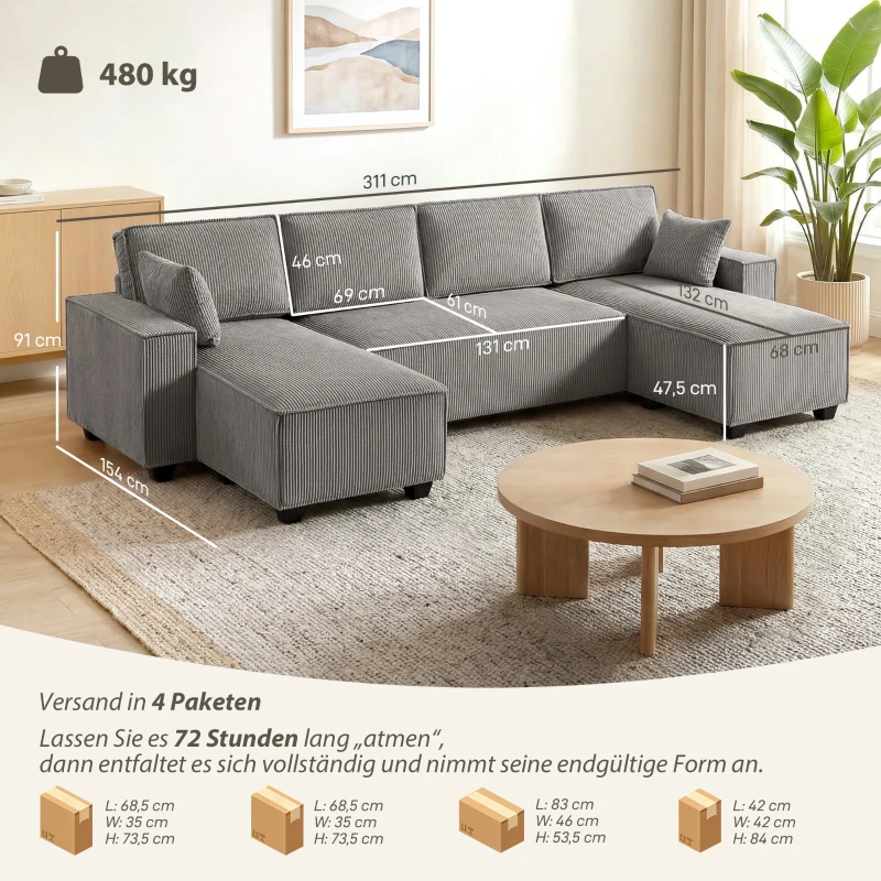 HOMCOM Ecksofa mit Doppel-Chaiselongues, U-förmiges Sofa aus Cordstoff mit breitem und tiefem Sitz, Federkernkissen, Hellgrau