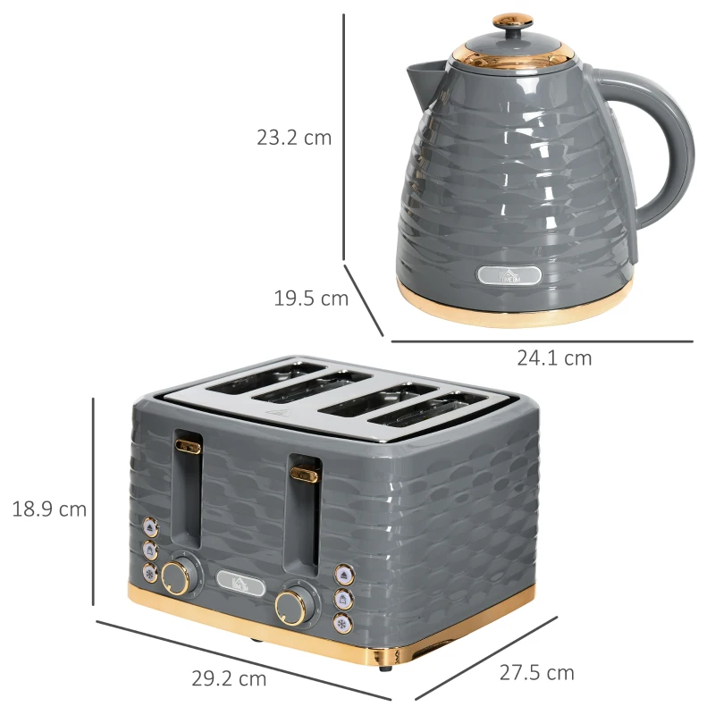 HOMCOM Kettle and Toaster Sets, 3000W 1.7L Rapid Boil Kettle & 4 Slice Toaster with 7 Browning Controls, Defrost, Reheat and Crumb Tray, UK Otter thermostat, Grey