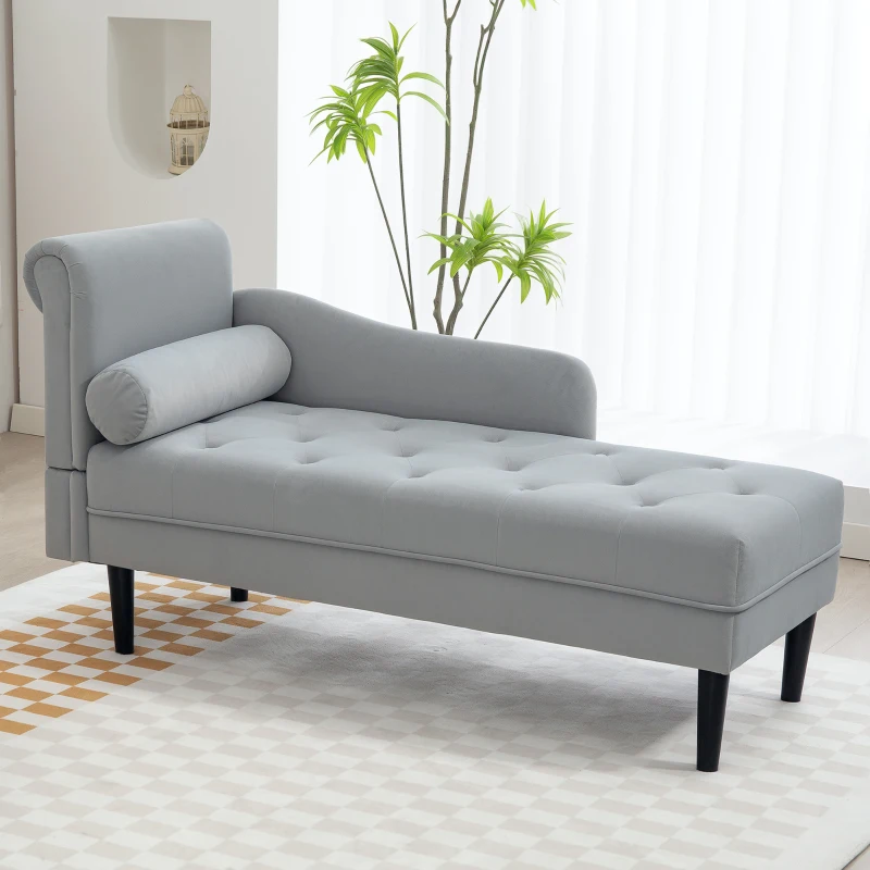 HOMCOM Chaise Longue con Rivestimento Trapuntato Effetto Velluto Grigio, in Legno Massello e Spugna, 146x61x82.5 cm