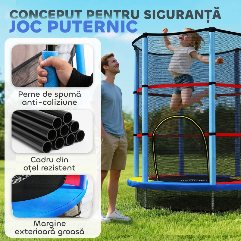 HOMCOM Trambulină pentru Copii 3-6 Ani cu Plasă de Protecție, 6 Coloane și 3 Intrări, Ø140x190 cm, Multicolor