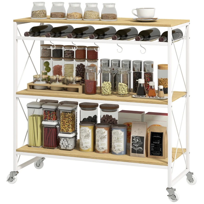 HOMCOM Carrello Portavivande a 4 Livelli con Portabottiglie e 5 Ganci Rimovibili, in Legno e Metallo, 96.5x38x96.7 cm