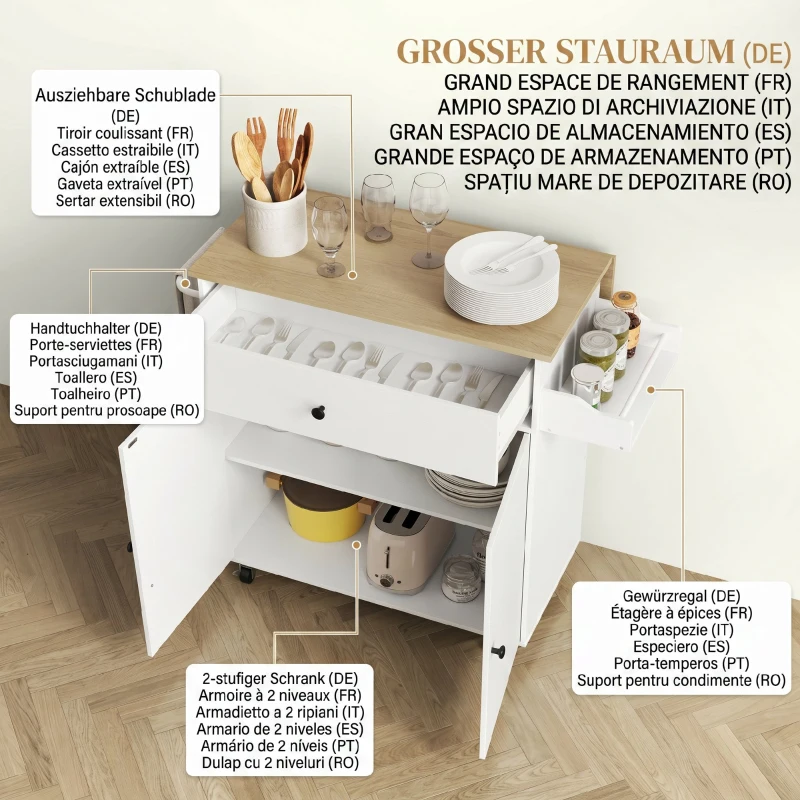 HOMCOM Insulă de Bucătărie cu Sertar, Dulap, Suport pentru Condimente și Prosoape, 106x42x87 cm, Alb și Stejar