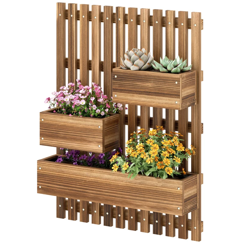 Outsunny Fioriera Verticale a Doghe con 3 Vasi Rimovibili, in Legno di Abete, 60x16x80 cm, Marrone Bruciato
