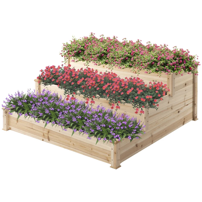 Outsunny Carré Potager de jardin en Bois massif, Jardinière Surélevé en Escalier 3 Niveaux, 120 x 120 x 56 cm, effet Bois Naturel