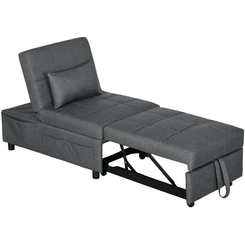 HOMCOM 4-in-1 Klappsessel mit Seitentasche, Gästebett mit Kissen, Verstellbarer Rückenlehne, Bettsessel mit Rollen, Blau