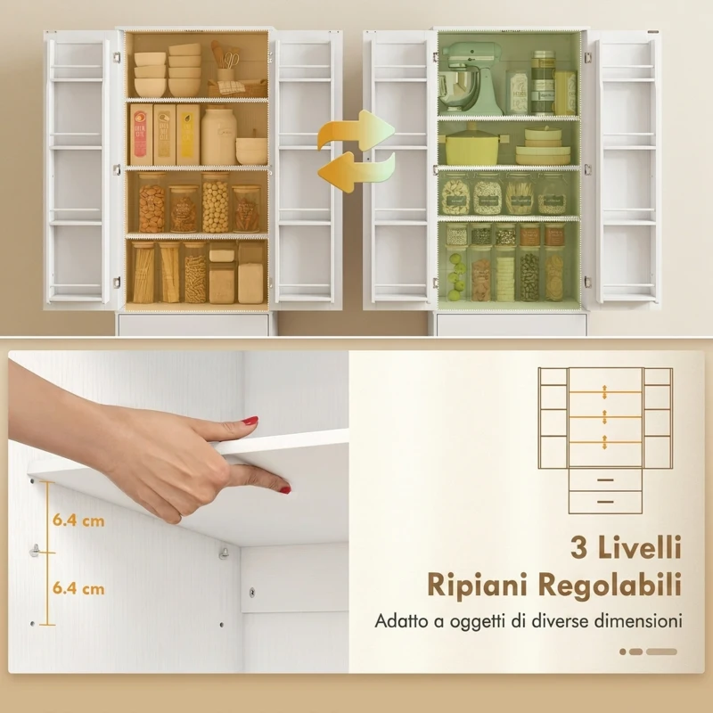 HOMCOM Credenza da Cucina con Armadietto con 8 Ripiani Portaspezie e 2 Cassetti, 60x40x159 cm, Bianco