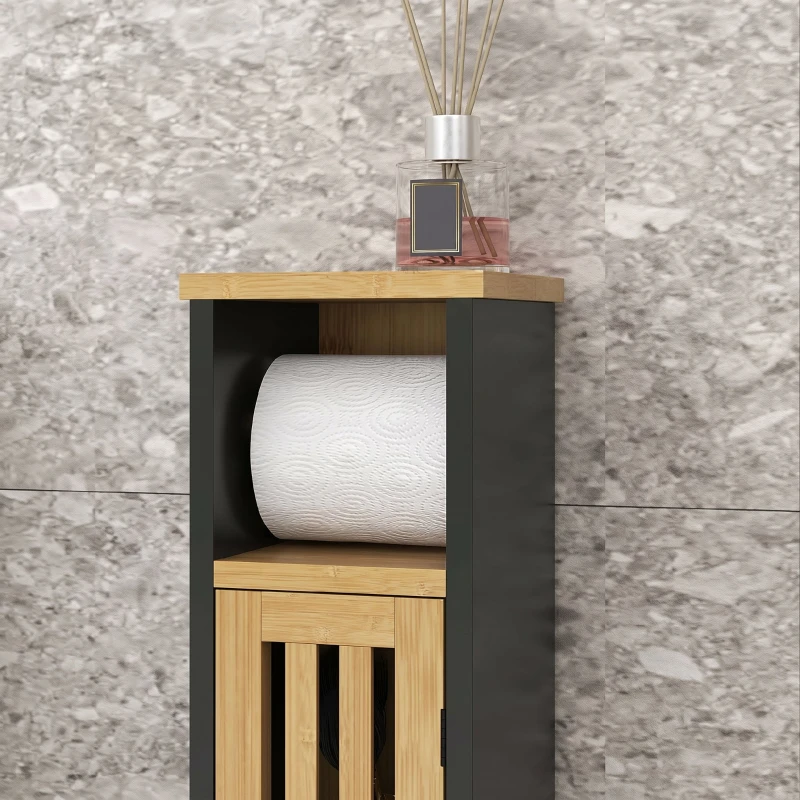 HOMCOM Dulap de baie cu raft deschis și dulap, din bambus și MDF, 18x18x75 cm, negru și culoarea lemnului