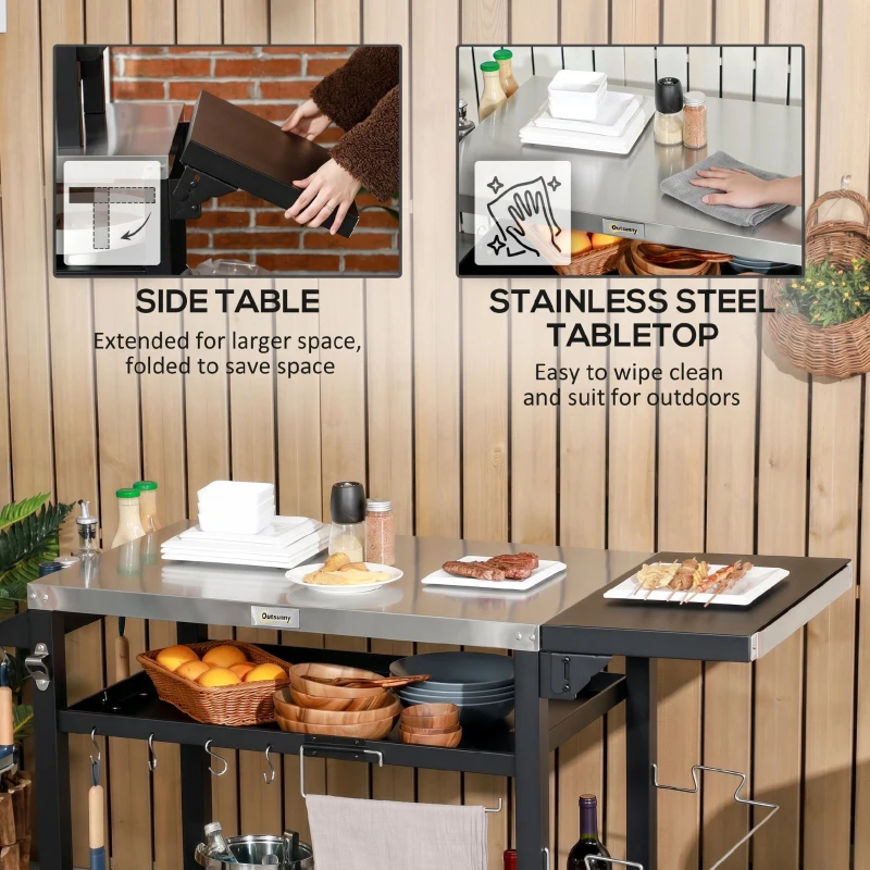 Outsunny Cărucior pentru grătar cu masă pliabilă din oțel inoxidabil, 2 roți și accesorii, 125x65x84 cm, negru
