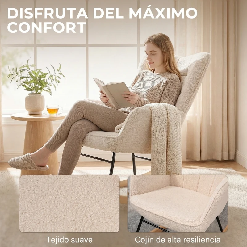 HOMCOM Silla Mecedora de Borreguito Sillón Balancín Oscilante 40° con Patas de Madera de Haya Carga 120 kg 71x98x101 cm Beige