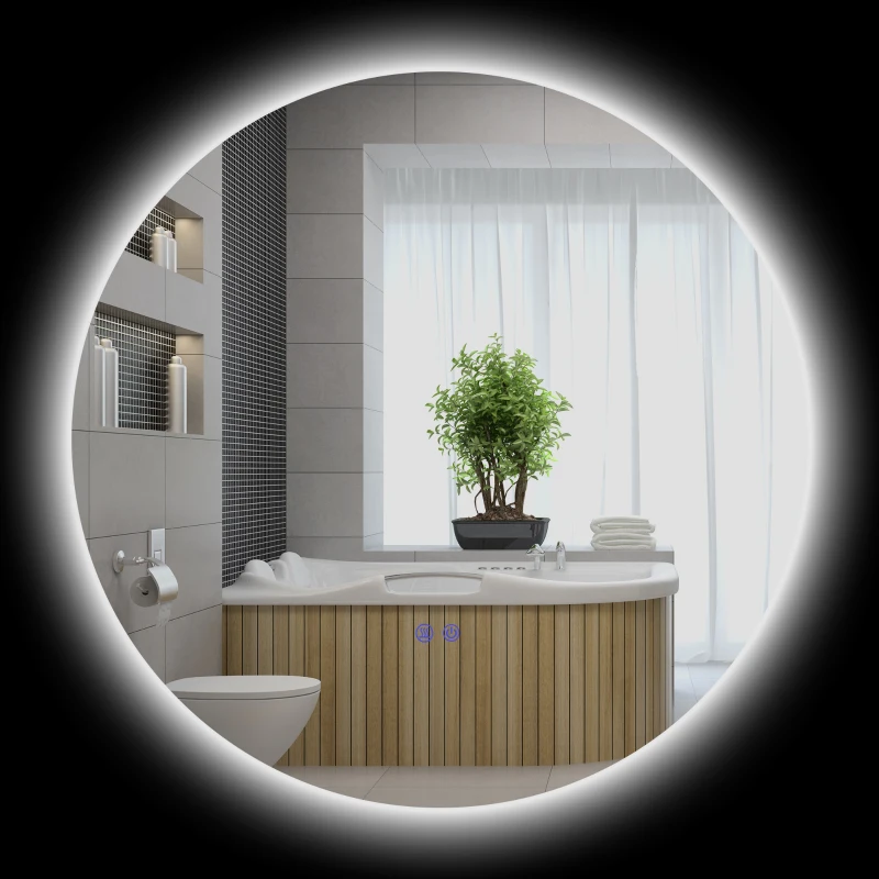 kleankin Oglindă Baie cu Lumini LED Reglabile, Comutatoare Touch și Design Anti-aburire, Ø70 cm