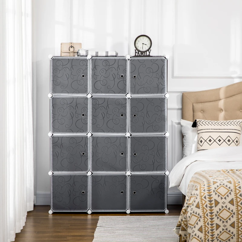 HOMCOM Armario Modular Plástico Estantería 12 Cubos con Puertas para Almacenamiento de Ropa Armario Ropero Organizador para Almacenamiento Juguetes y Libros Montaje en Bricolaje