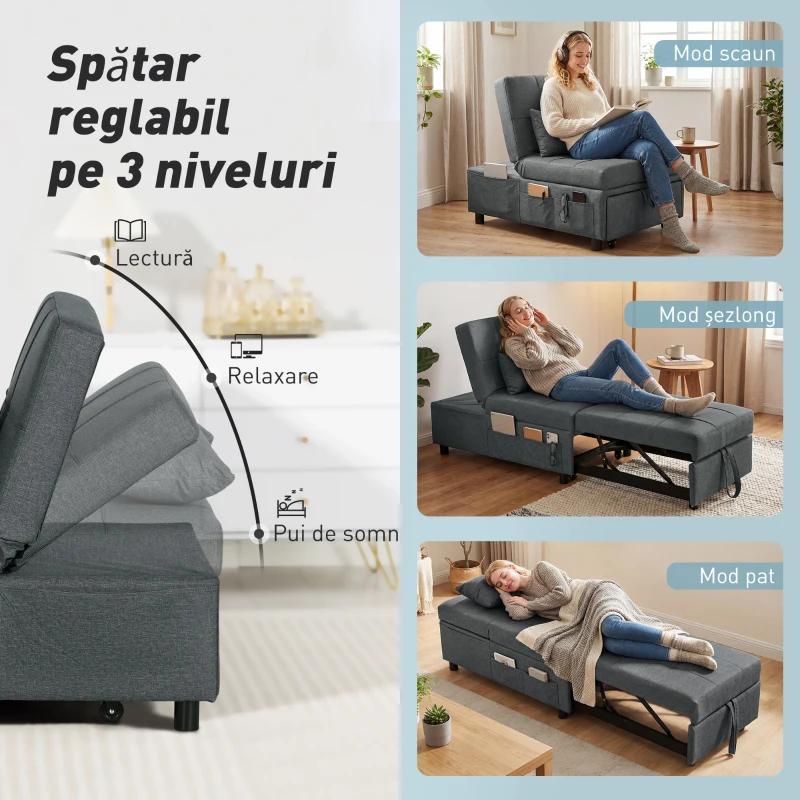 HOMCOM Canapea Extensibilă 4 În 1 cu Roți, pentru O Persoană, Gri